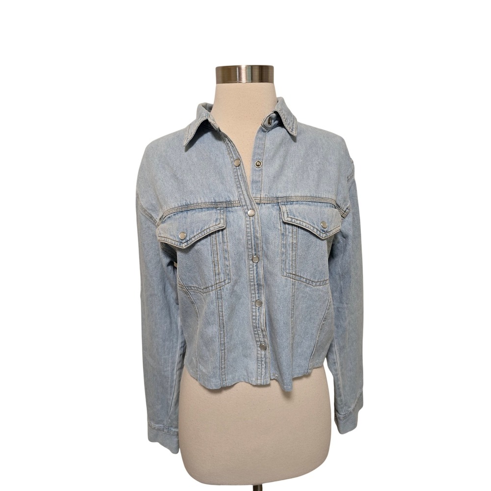 Jordache Womens 90s Vintage Crop Denim Pearl Snap Shirt Size Medium Blue
